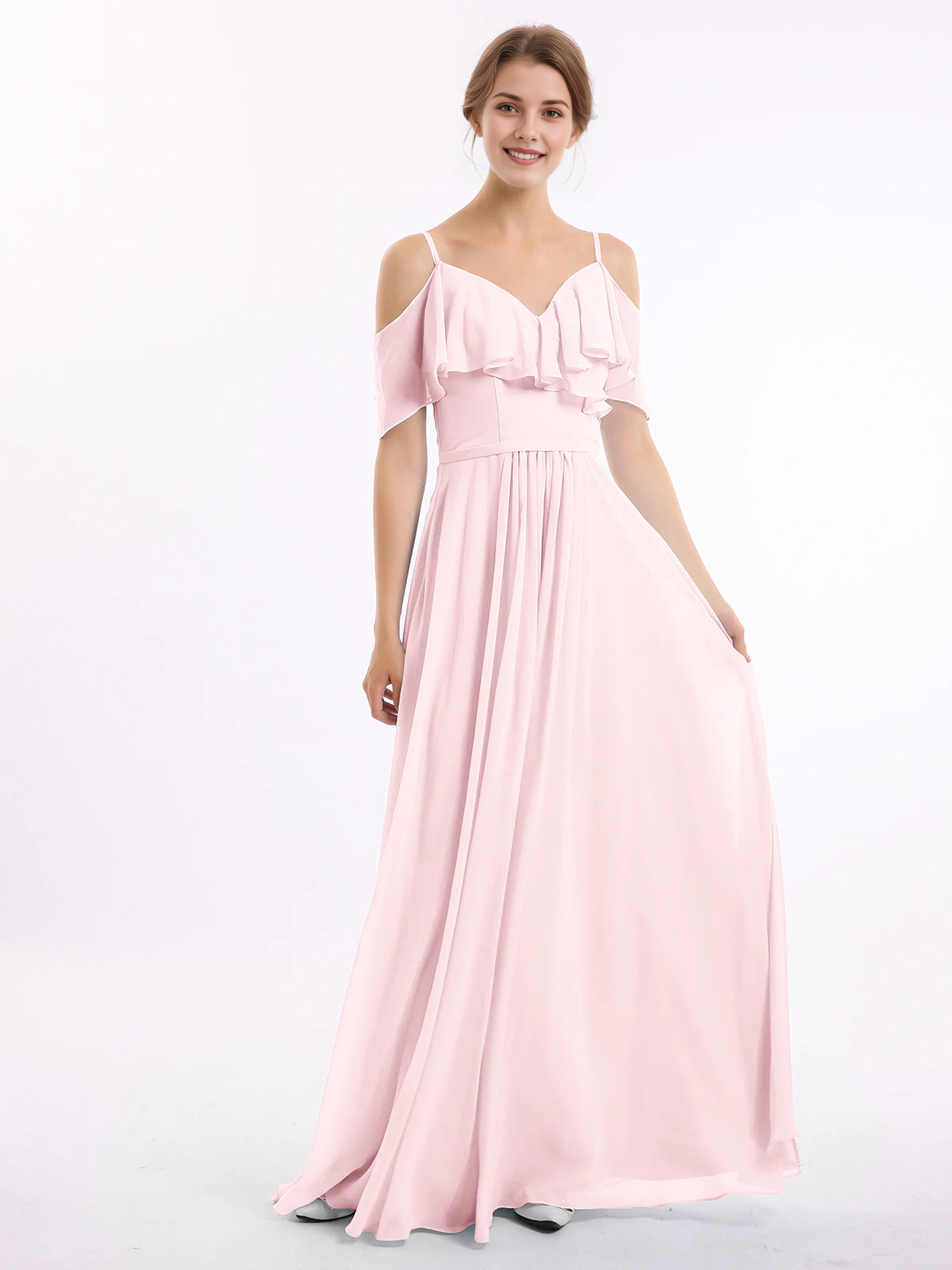 Cold Shoulder Ruffle V-Neck Chiffon A-Line Maxi Bridesmaid Dress with Pockets
