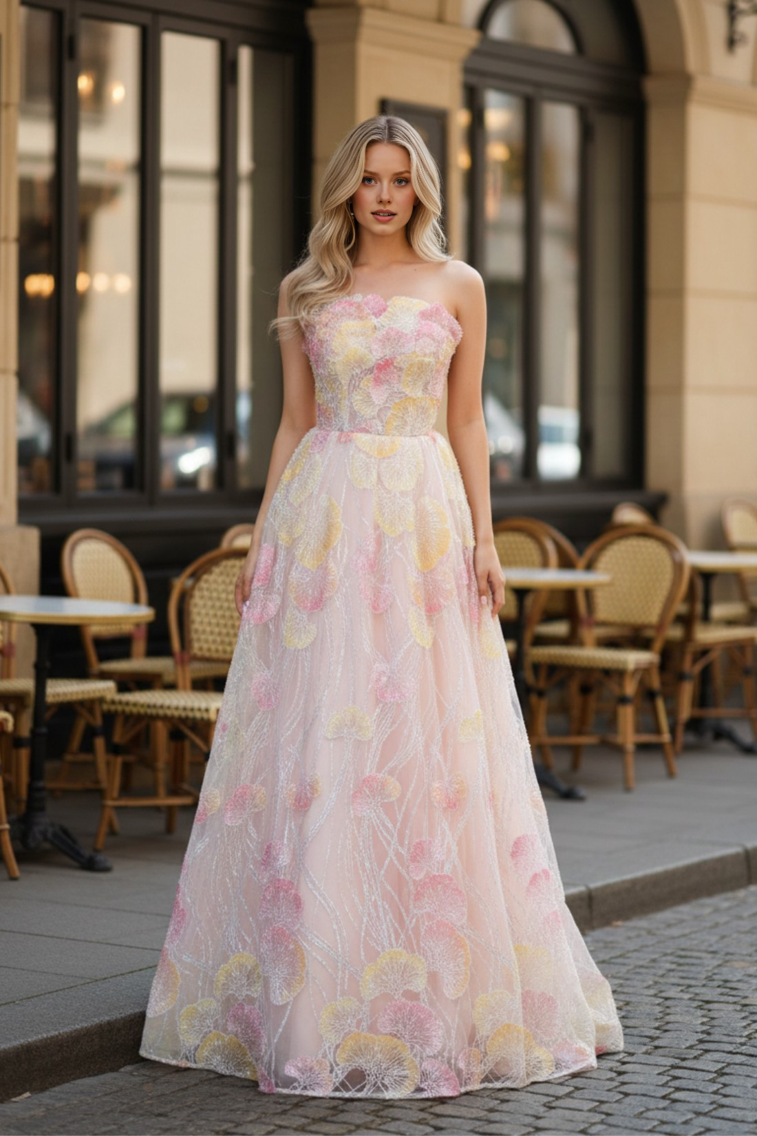 Vestido de fiesta de corte A, tipo princesa, sin tirantes, con aplicaciones florales y bordados, vestido largo elegante de noche