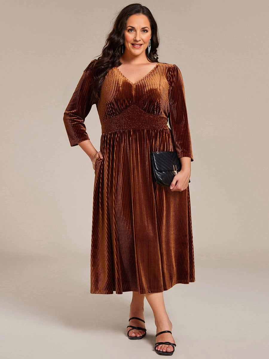 Vedress curvy plus‑size brown ribbed velvet a‑line v‑neck mother of the bride midi dress front view