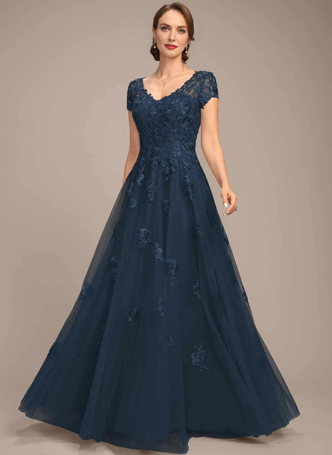Romantic A‑Line V‑Neck Cap Sleeve Illusion Back Long Mother Of The Bride Dress