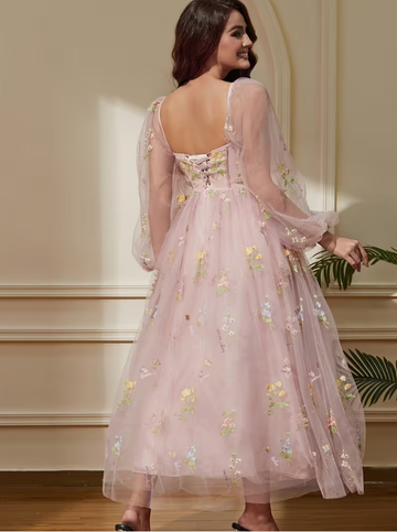 Vestido de cóctel midi elegante vintage para mujer con escote corazón y mangas largas transparentes, vestido formal de fiesta de graduación de corte A hasta el suelo