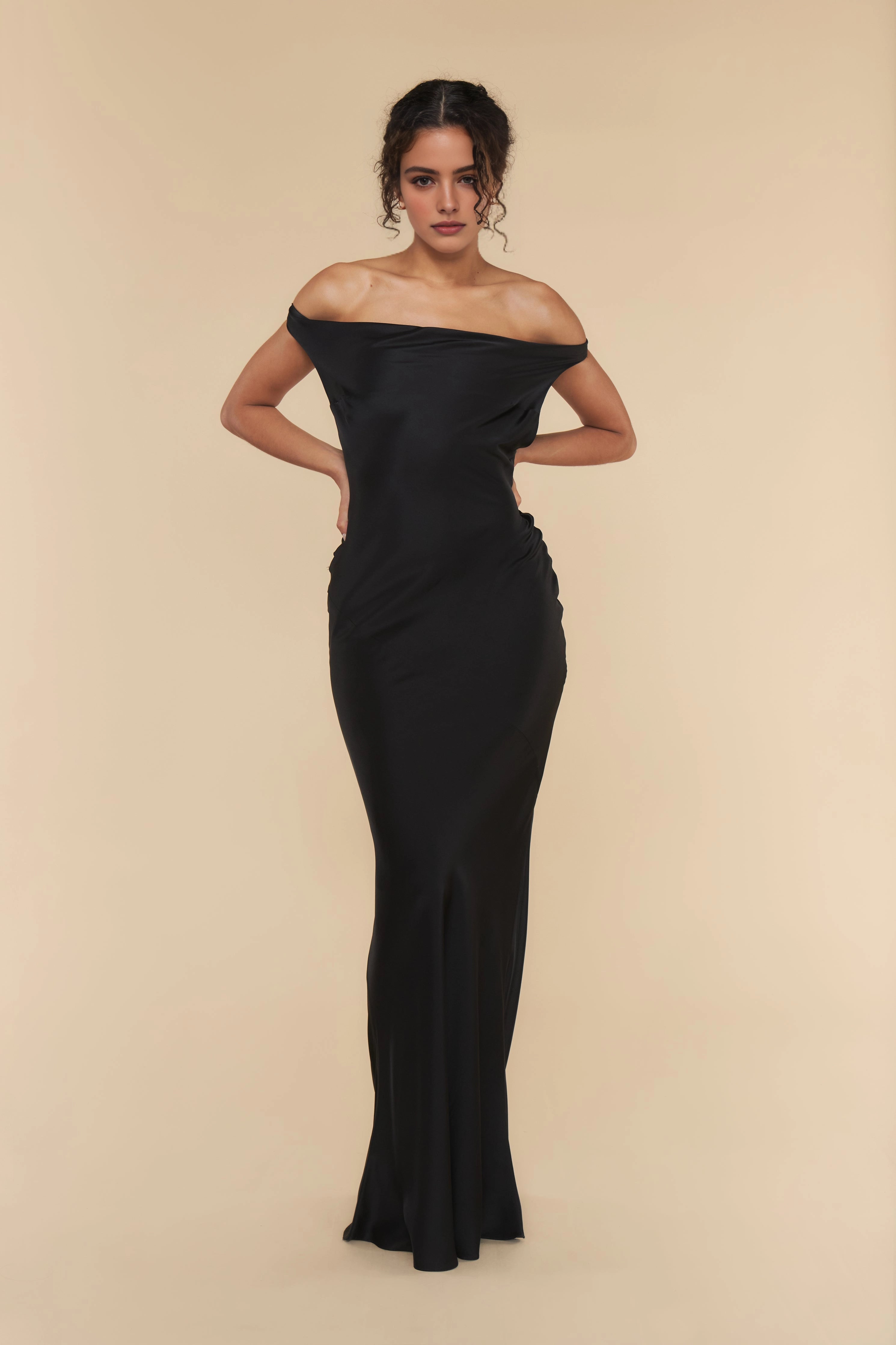 Vedress glossy black satin off‑shoulder fitted mermaid prom dress front shot