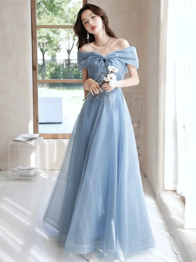 Vestido de gala de corte A estilo princesa con hombros descubiertos, abalorios y tul, vestidos largos formales de fiesta, vestidos largos formales de noche