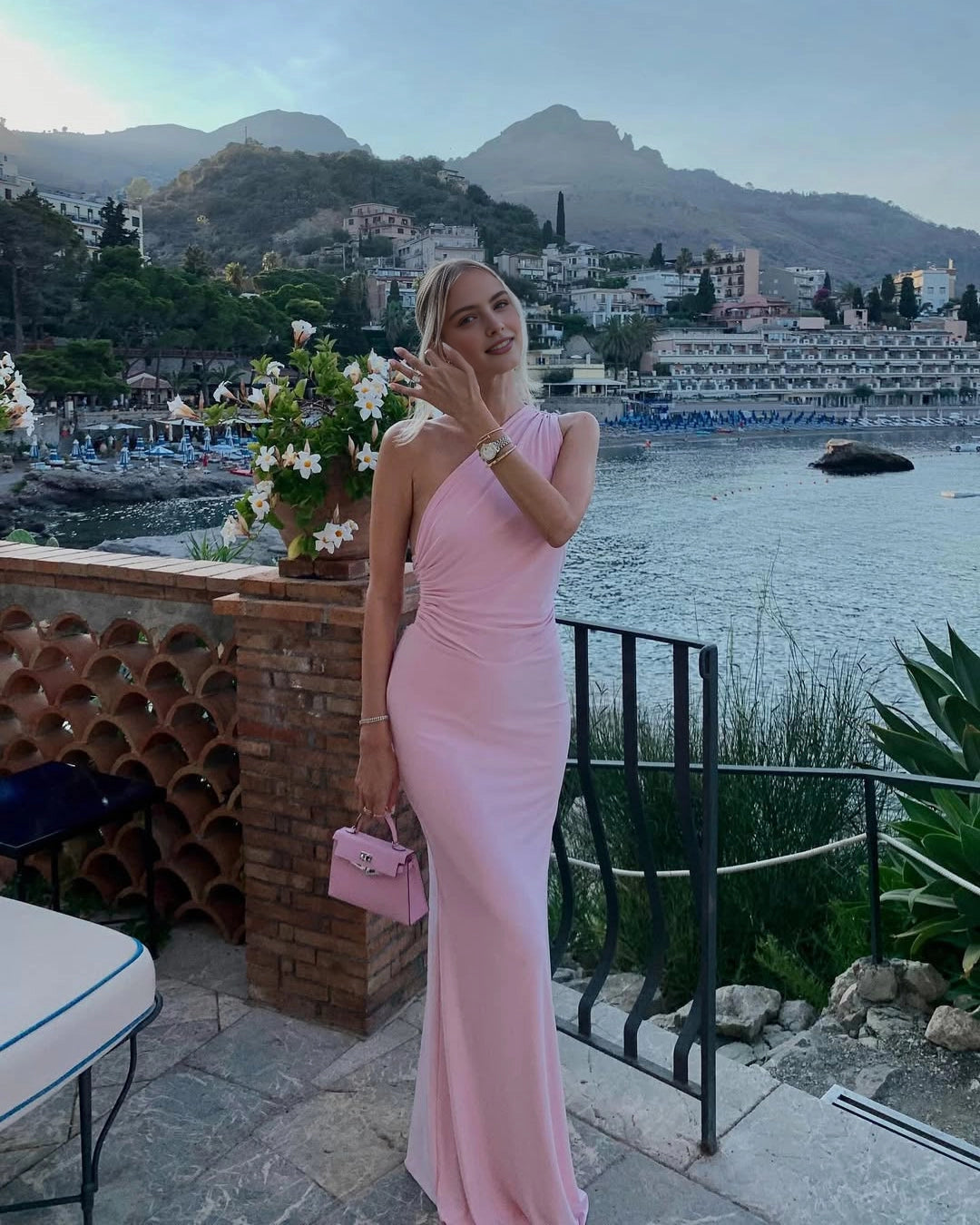 Vedress soft pink ruched one shoulder fitted mermaid long formal dress