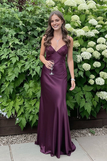 Vedress plum lace bust spaghetti‑strap flowy satin floor‑length prom dress front outdoor view