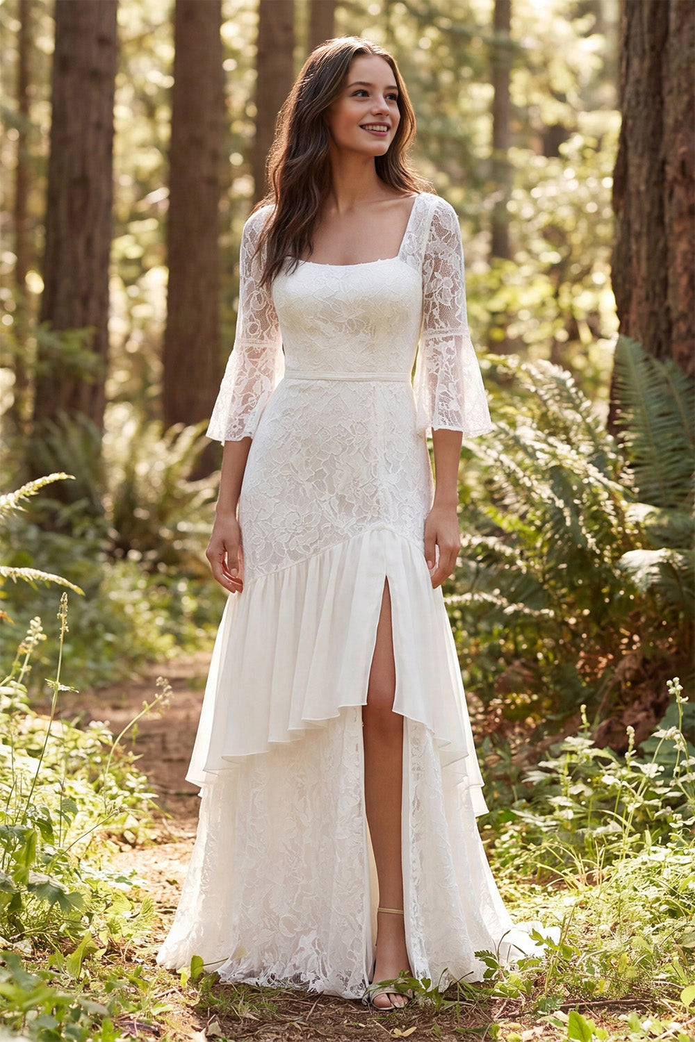 Vedress boho lace mermaid wedding dress square neck bell sleeve high slit woodland forest
