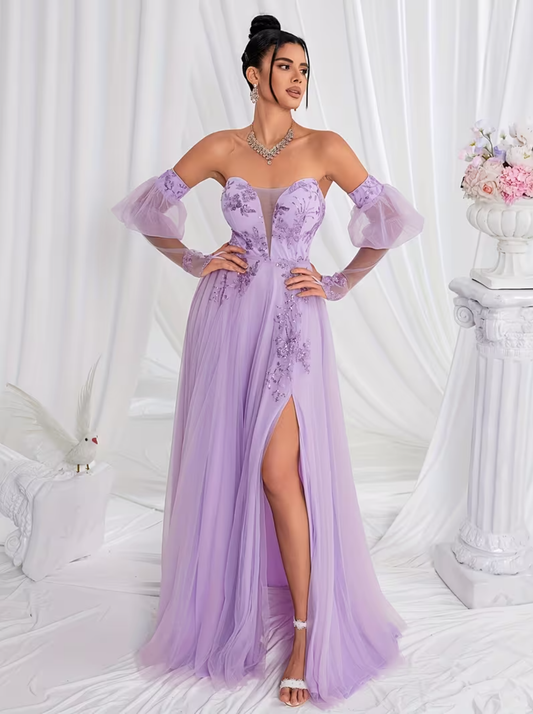 Elegant Off-the-Shoulder Embroidered Chiffon Maxi Dresses Prom Dresses Elegant Mesh Patchwork Appliqué Bralette Women's Evening Gown