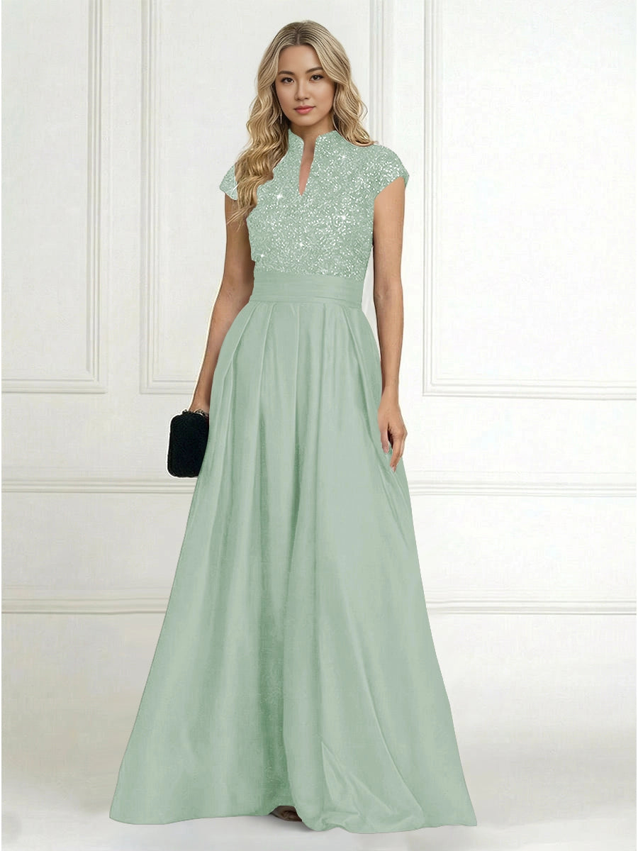 Luxury A-Line High-Neck Cap-Sleeve Zip-Back Floor-Length Plus Size Mother of the Bride Dress