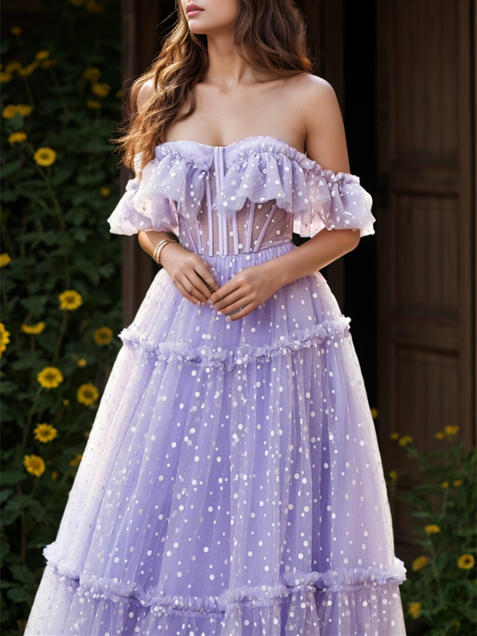 Ruffles Off Shoulder A-Line Dots Tulle Prom Dresses Sweetheart Corset Floor Length Birthday Special Occasion Gowns