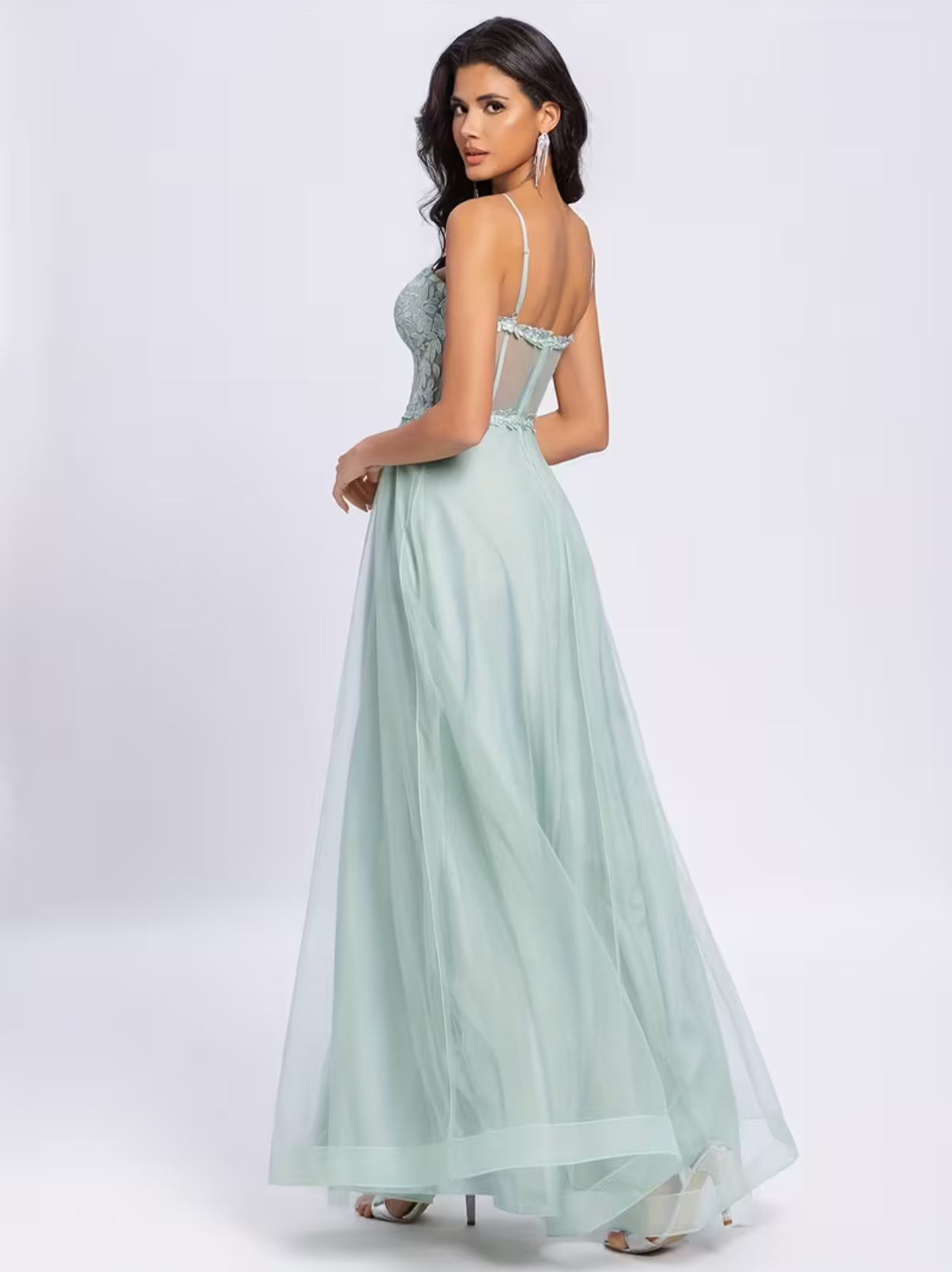 Women's Strapless Lace Bodice Tulle Mermaid Cut-Out Evening Gown Evening Gown with High Side Slit Elegant Long Cocktail Dress