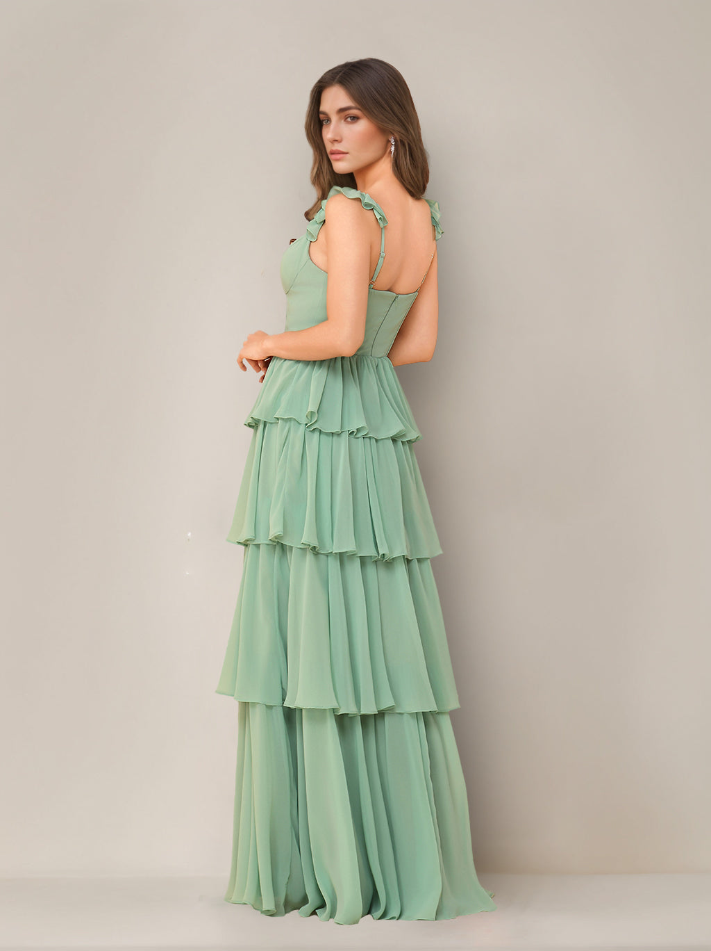 A-Line Princess Scoop Neck Sleeveless Chiffon Floor-Length Bridesmaid Dress with Ruffles & Split Side