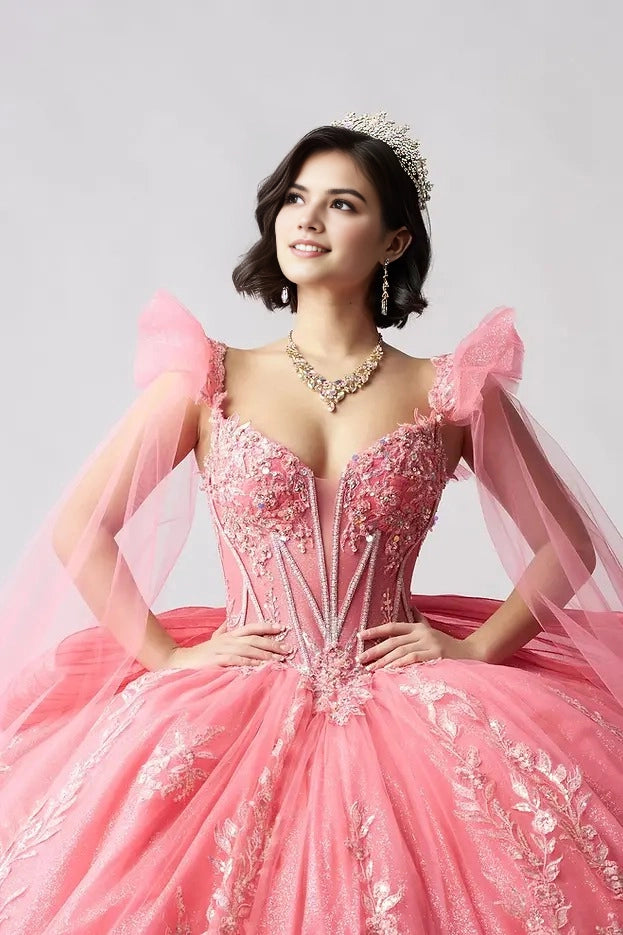 Ball Gown V Neck Tulle Strap Corset Back Train Quinceañera Dress