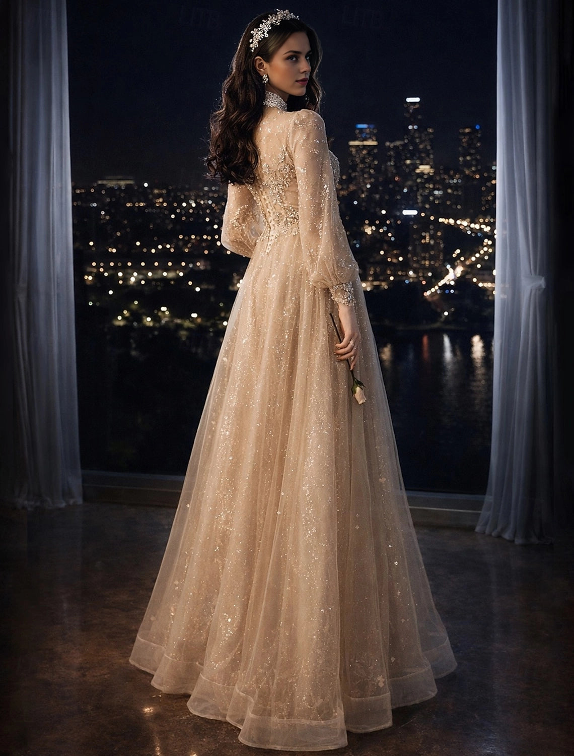 Back view Vedress lace up open back sparkly tulle long formal evening gown