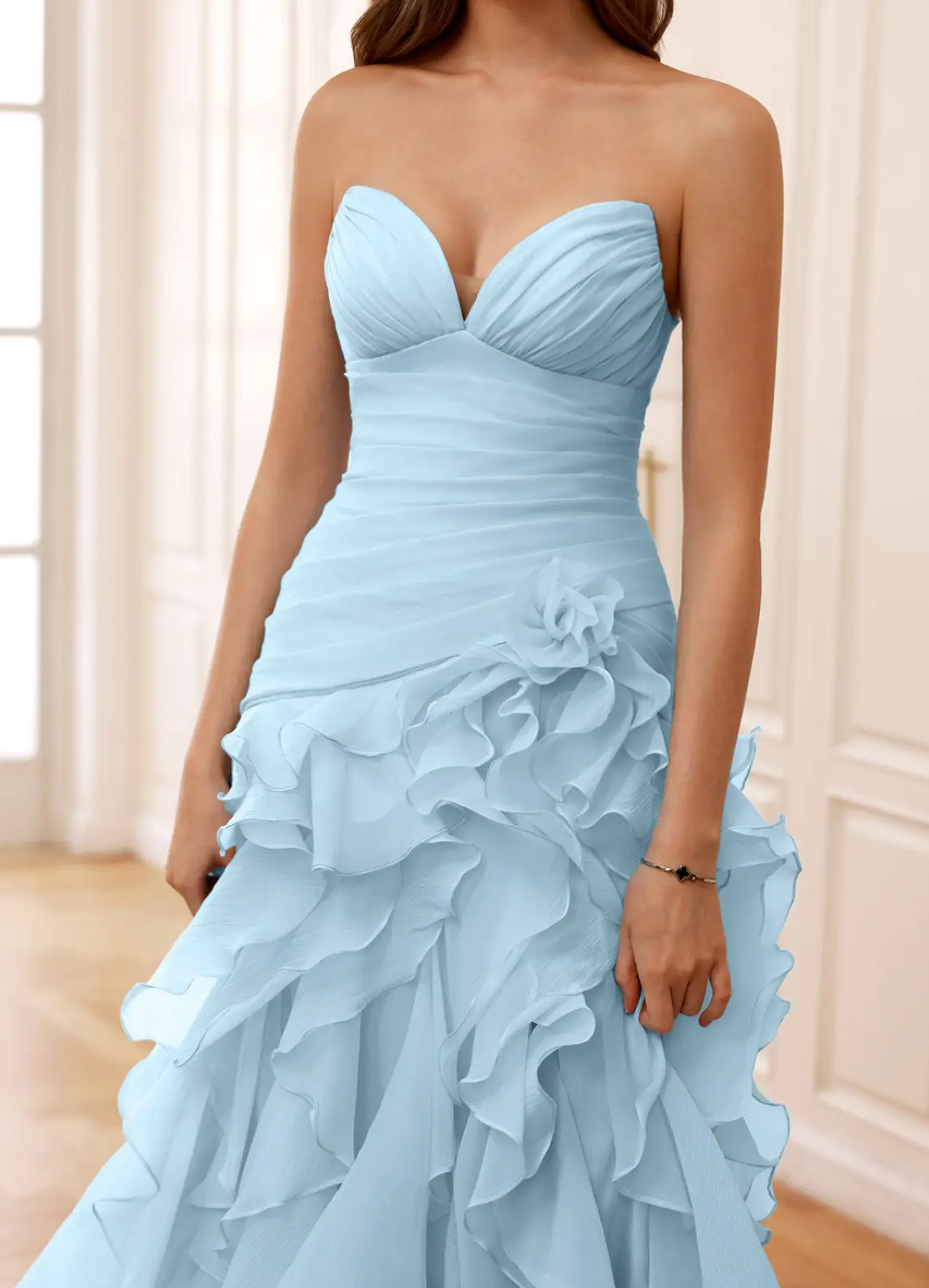 Women's A-Line Princess Ball gown Strapless Ruched Evening Gown with Asymmetrical Ruffled Hem High Slit