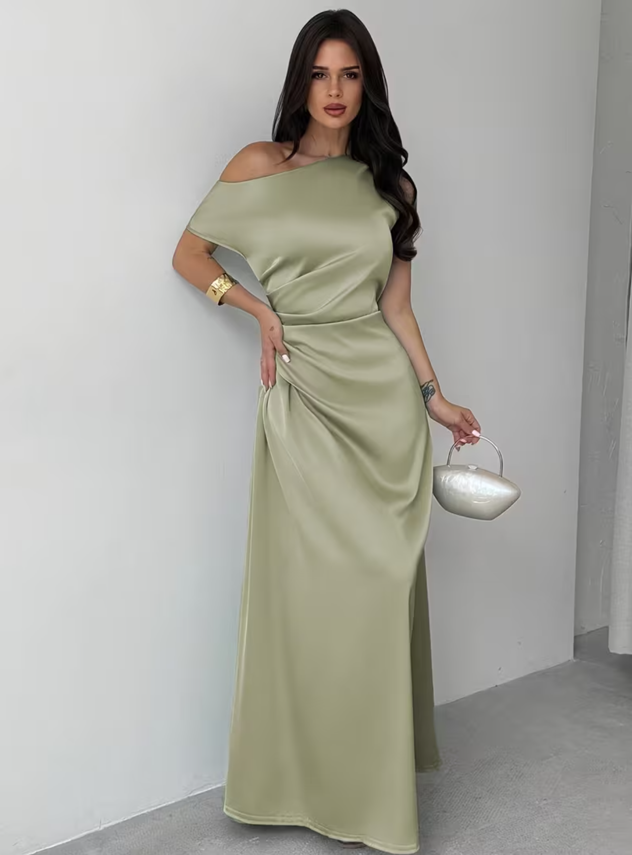 Asymmetrical Draped Satin Solid Off-Shoulder Dress with Cinched Waist Evening Gown Party Wedding Guest Dresses