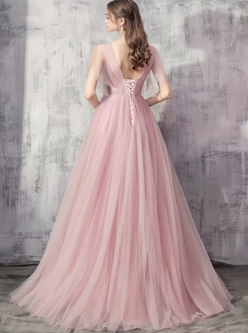 Elegant V-neck Sequined Embroidered Mesh Short Sleeve High-Waist A-Line Long Formal Ball gown Evening Dress