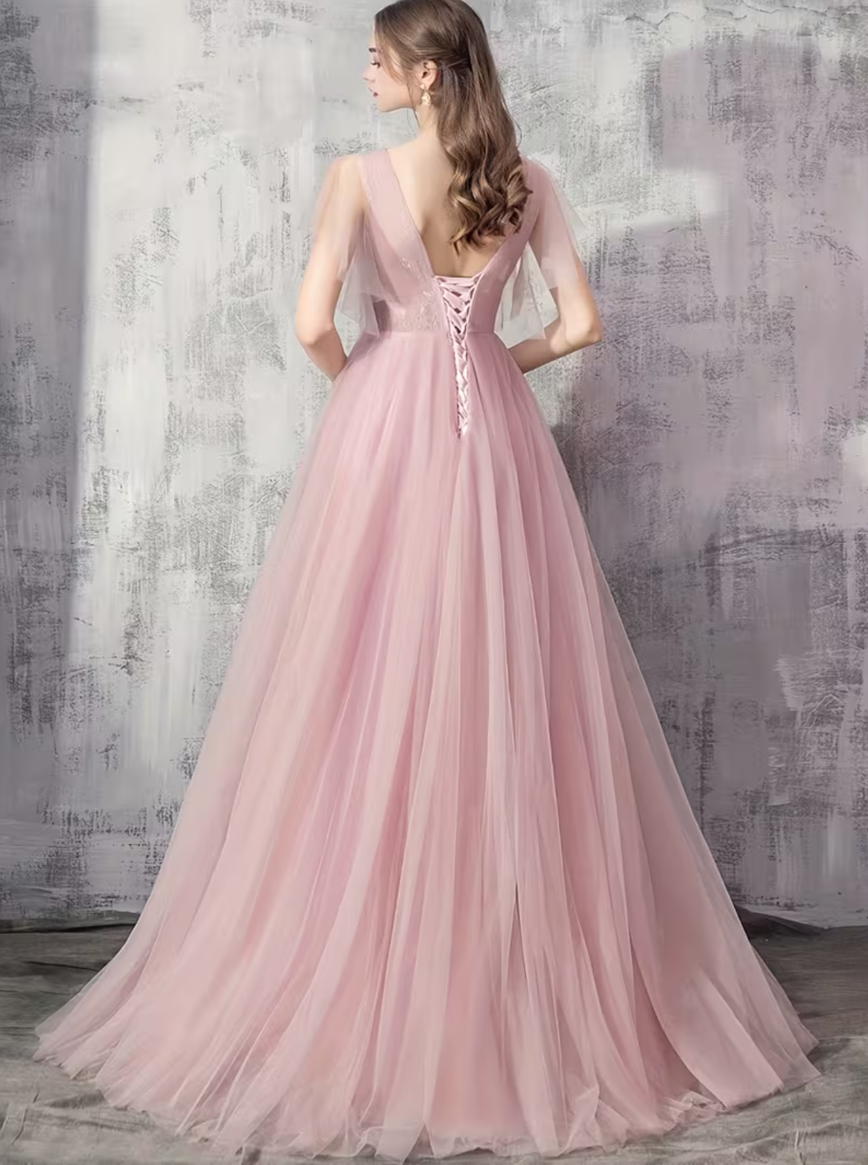 Elegant V-neck Sequined Embroidered Mesh Short Sleeve High-Waist A-Line Long Formal Ball gown Evening Dress