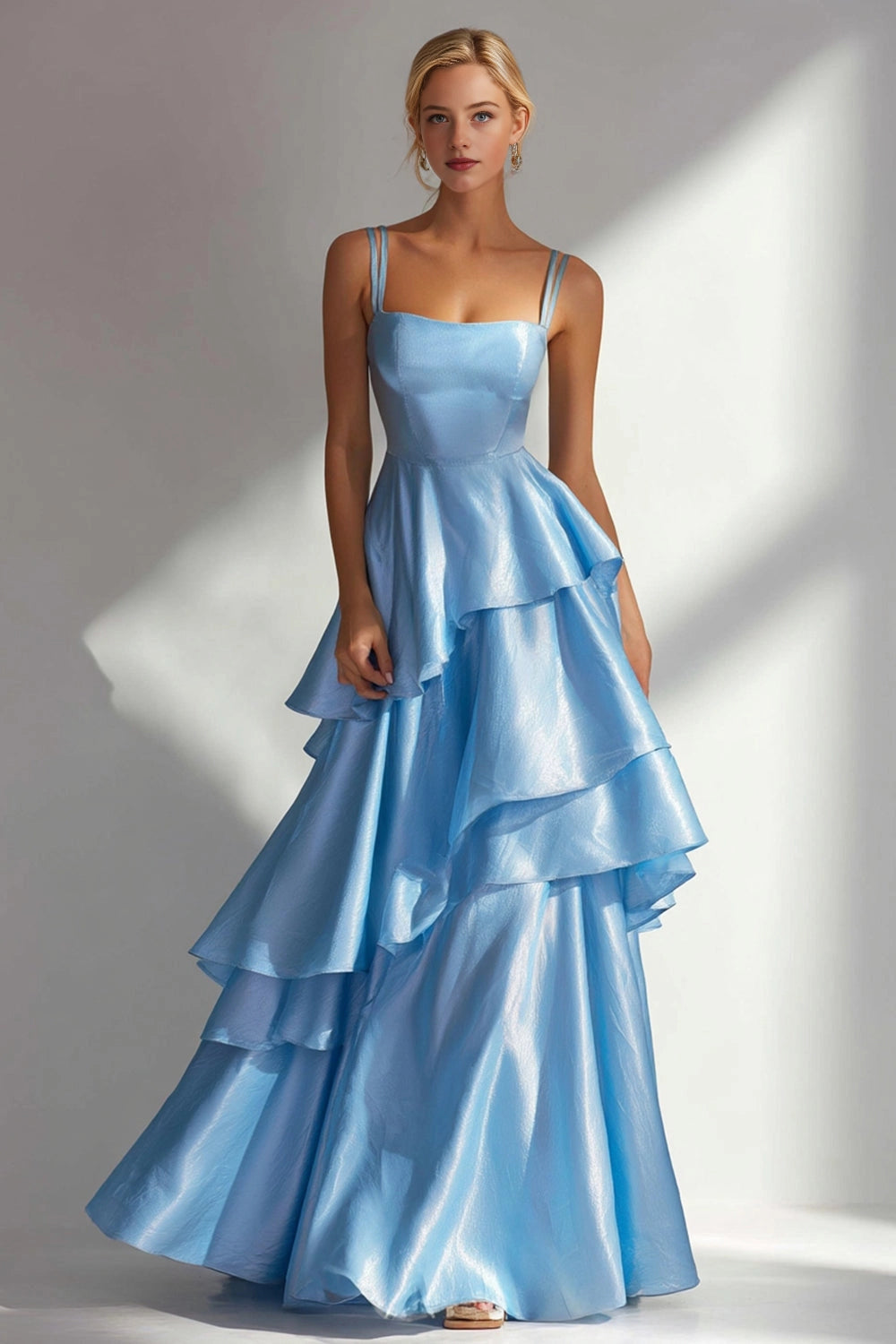 Vedress light blue satin square neck tiered ruffle maxi wedding guest dress front view