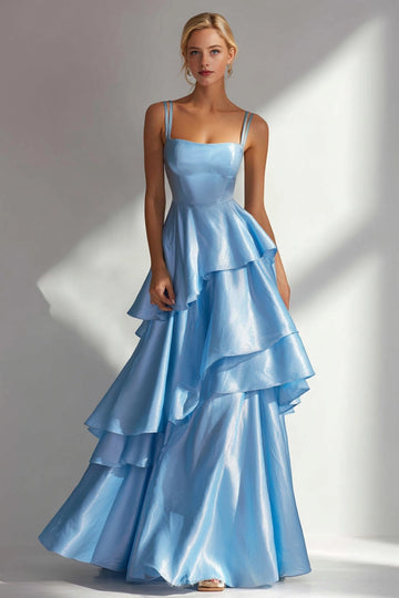 Vedress light blue satin square neck tiered ruffle maxi wedding guest dress front view