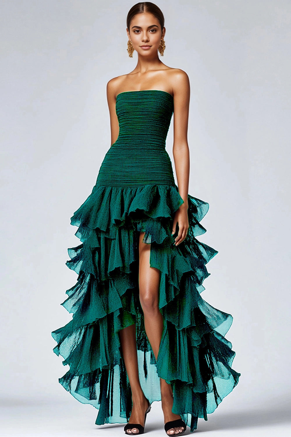 Vedress Black Strapless Smocked Tiered High Slit High Low Mesh Long Prom Dress