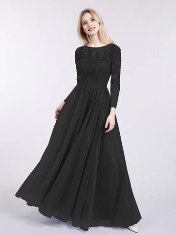 Vestido de noche de dama de honor de corte A hasta el suelo de tul con apliques de encaje de manga larga y cuello redondo