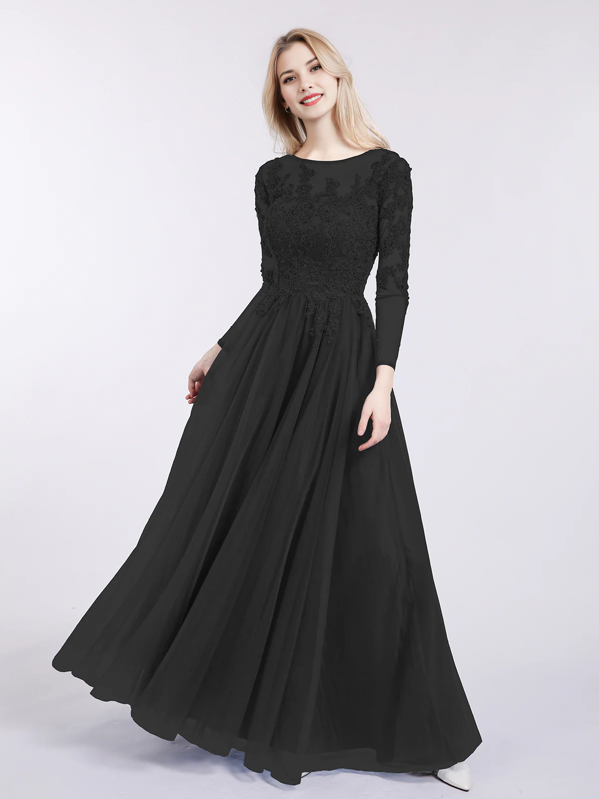 Round Neck Long Sleeve Lace Appliqué Tulle A-Line Floor-Length Bridesmaid Evening Dress