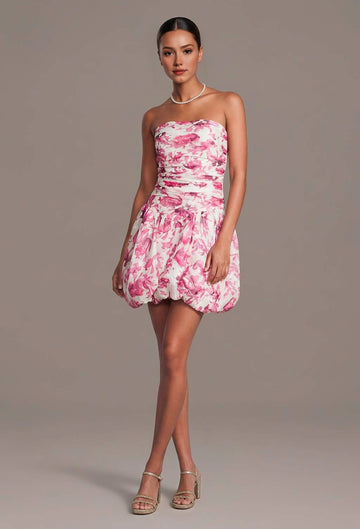 Roselle Dress pink floral strapless bubble skirt mini homecoming dress front view