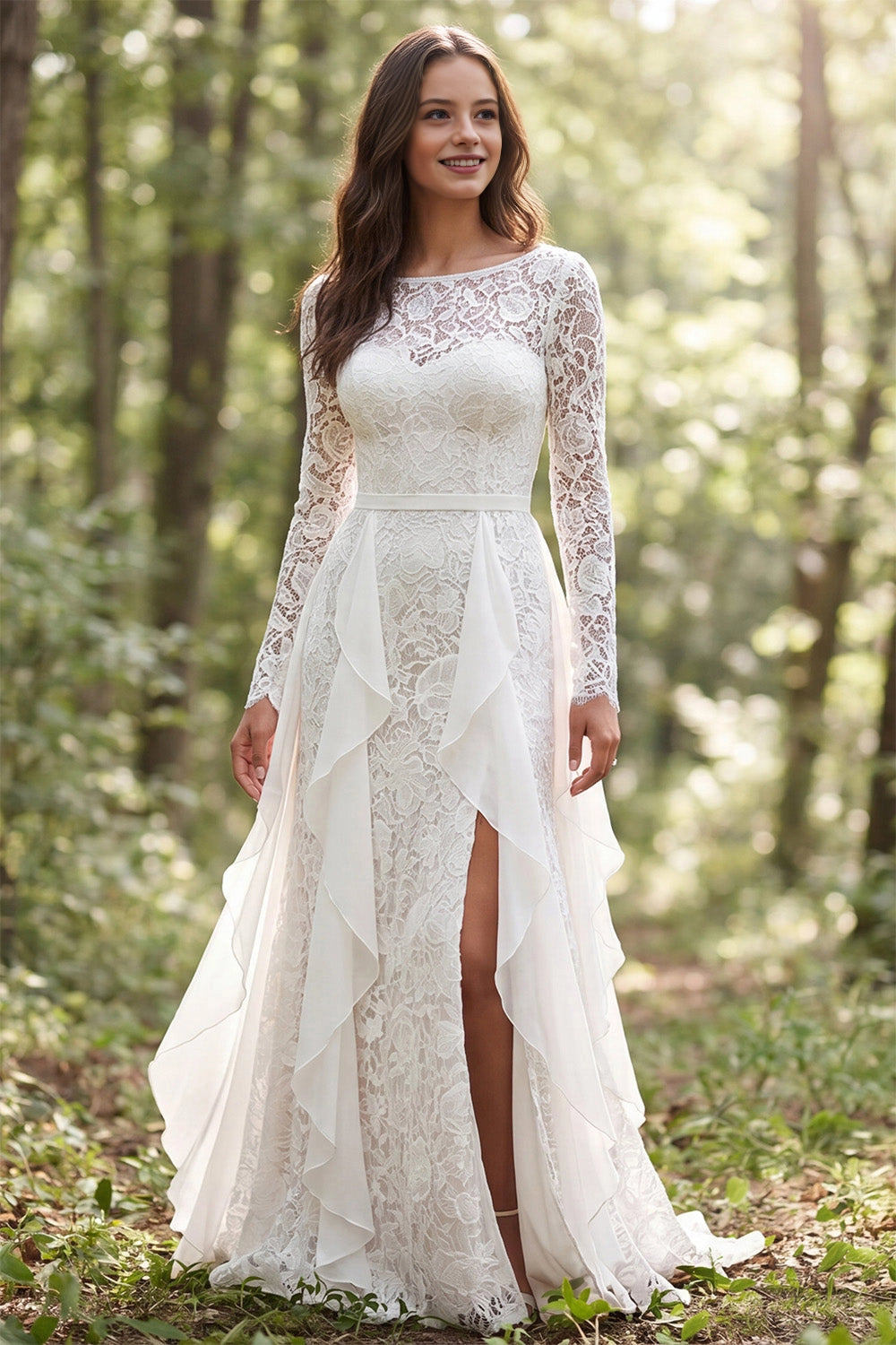 Vedress full floral lace a-line wedding dress bateau neck long sleeve ruffle woodland bridal gown
