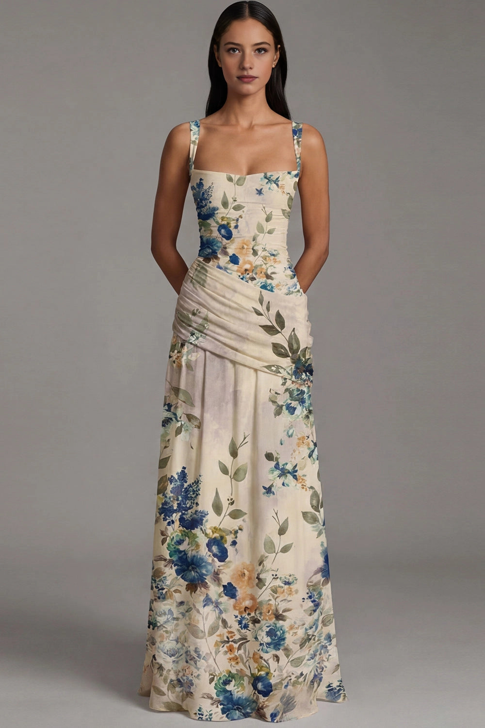 Vedress cream watercolor floral printed square neck slip maxi wedding guest dress front view