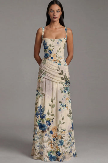 Vedress cream watercolor floral printed square neck slip maxi wedding guest dress front view