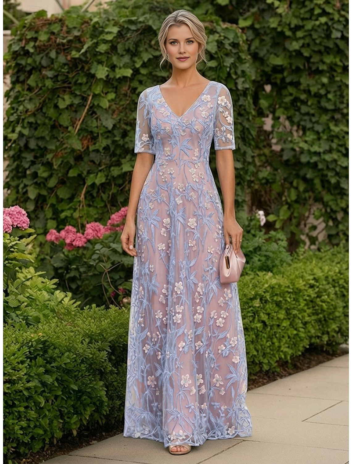 V-Neck Half Sleeve Floral Embroidered Tulle A-Line Floor-Length Mother of the Bride Dress