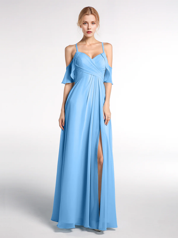 Cold Shoulder Sweetheart Neck Ruffle Chiffon Bridesmaid Maxi Dress with Slit