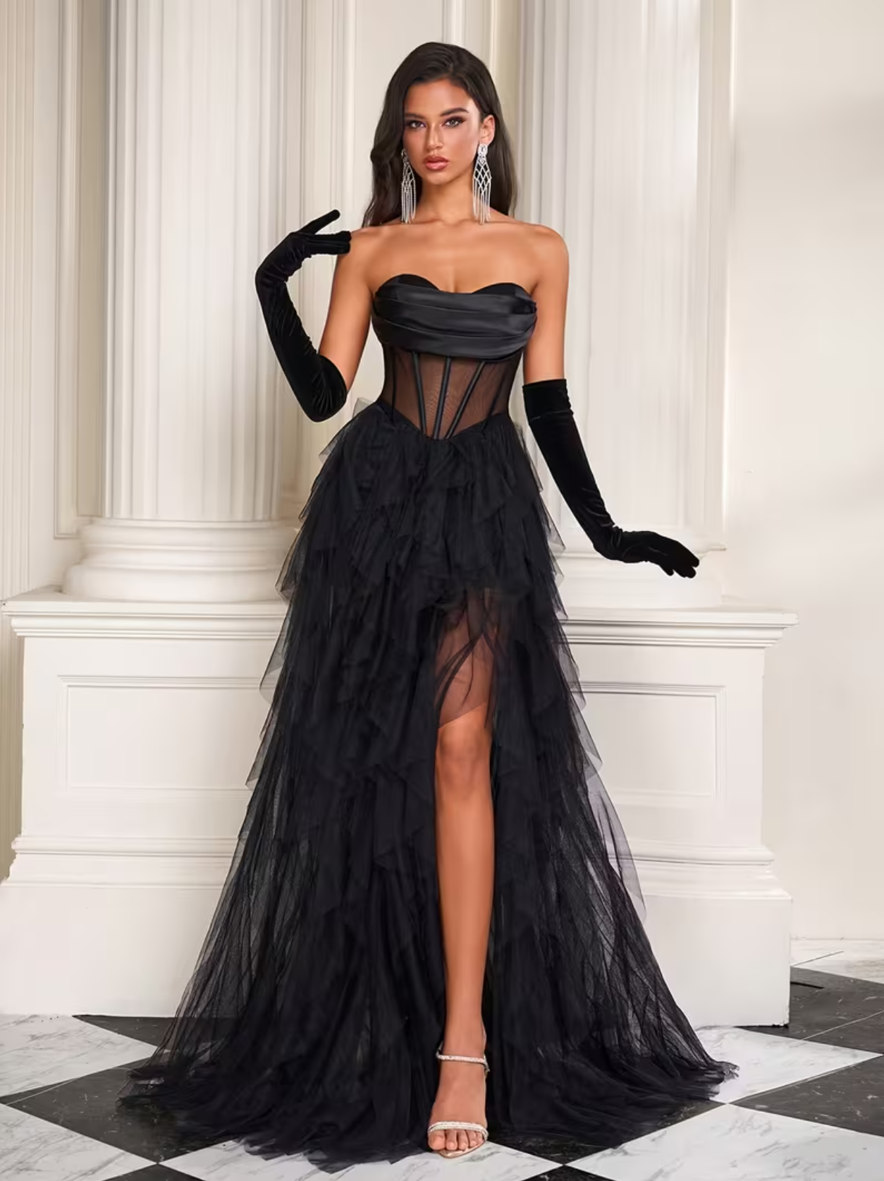 Elegante vestido de fiesta de cumpleaños con corsé sin tirantes, corte en A, estilo princesa, con abertura alta de tul, SIN guantes de terciopelo