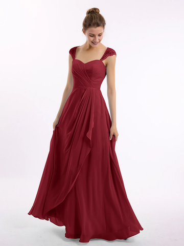 Sweetheart Neck Lace Cap Sleeve Open Back Draped Chiffon Bridesmaid Maxi Dress with Pockets