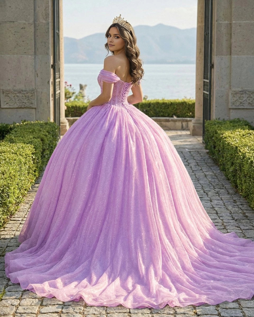 Vedress lavender quinceanera ballgown back view, lace up corset back, glitter tulle sweep train