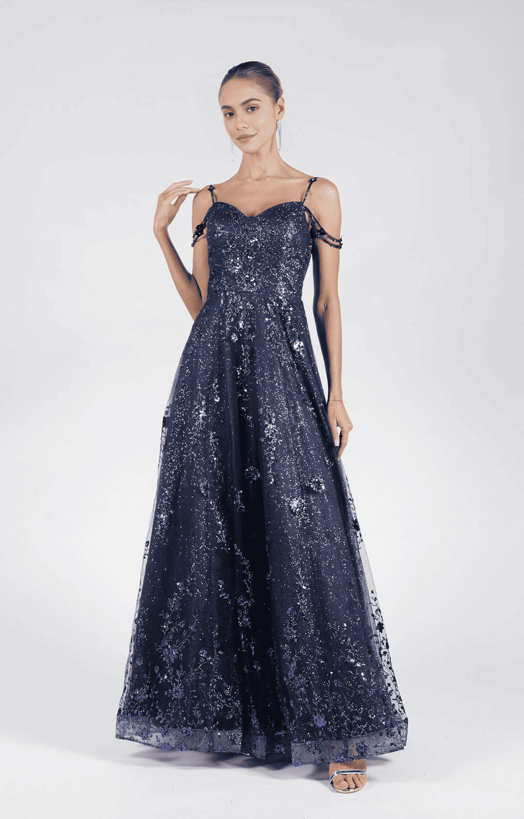 Vestidos de fiesta de noche línea A glamorosos de tul brillante con escote corazón y hombros descubiertos, largos hasta el suelo