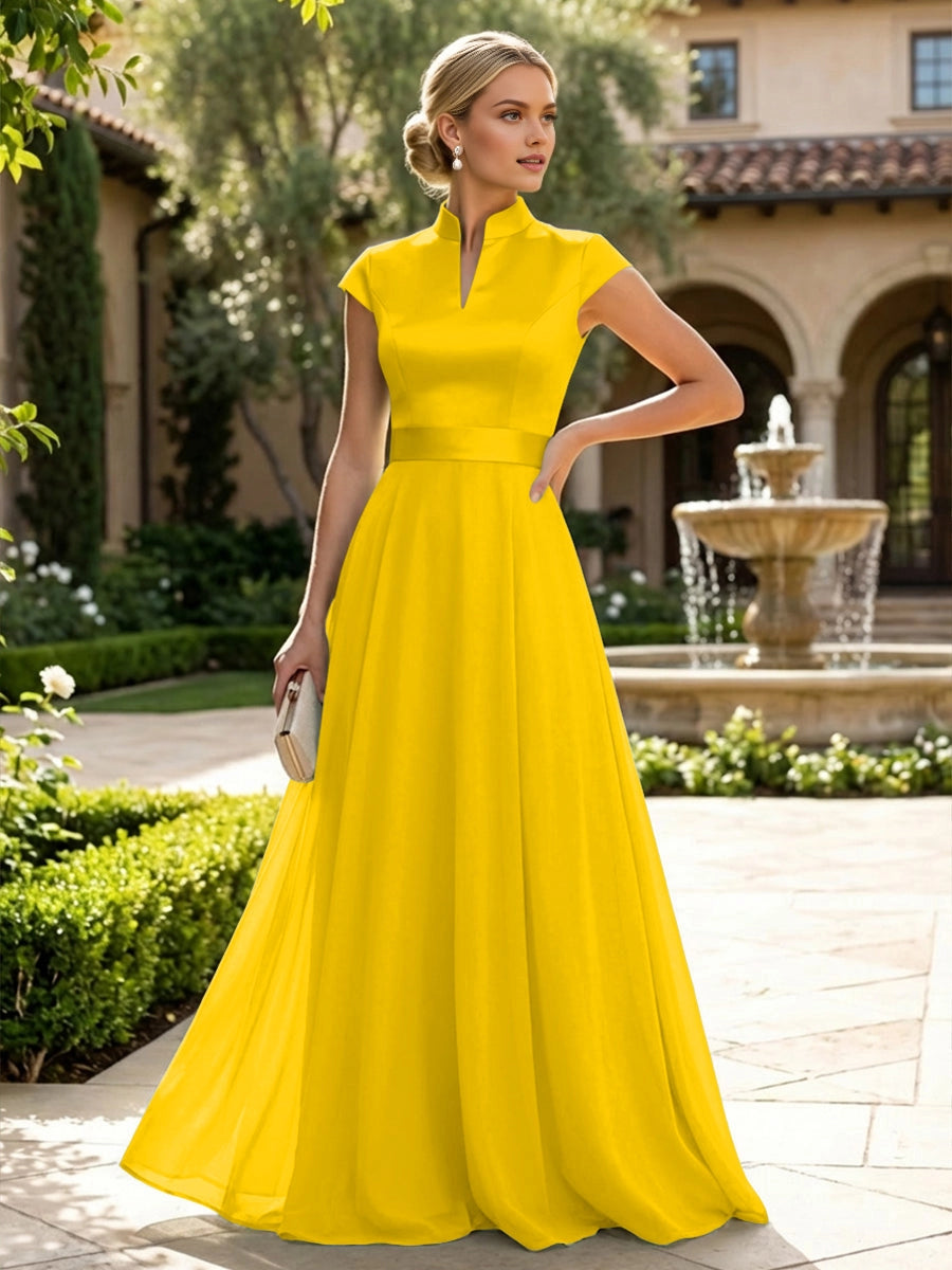 Elegant Sage A‑Line Stand‑Collar Cap‑Sleeve Zip‑Back Floor‑Length Mother Of The Bride Dress