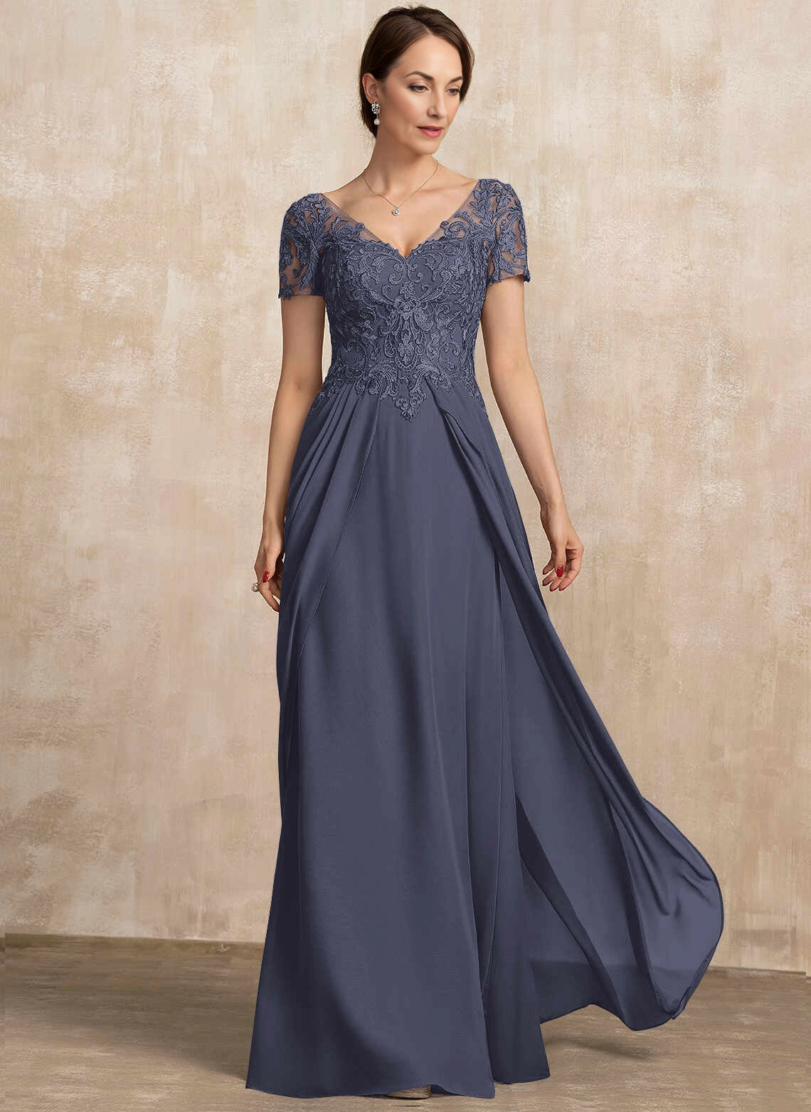Elegant A‑Line V‑Neck Short‑Sleeve Illusion‑Back Floor‑Length Mother Of The Bride Dress