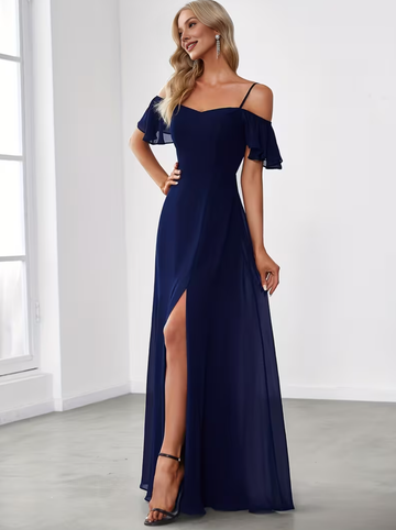 Women's Off-the-Shoulder Sweetheart Neck Ruffle Sleeve Chiffon Bridesmaid Dresses Maxi Dress with Side Slit