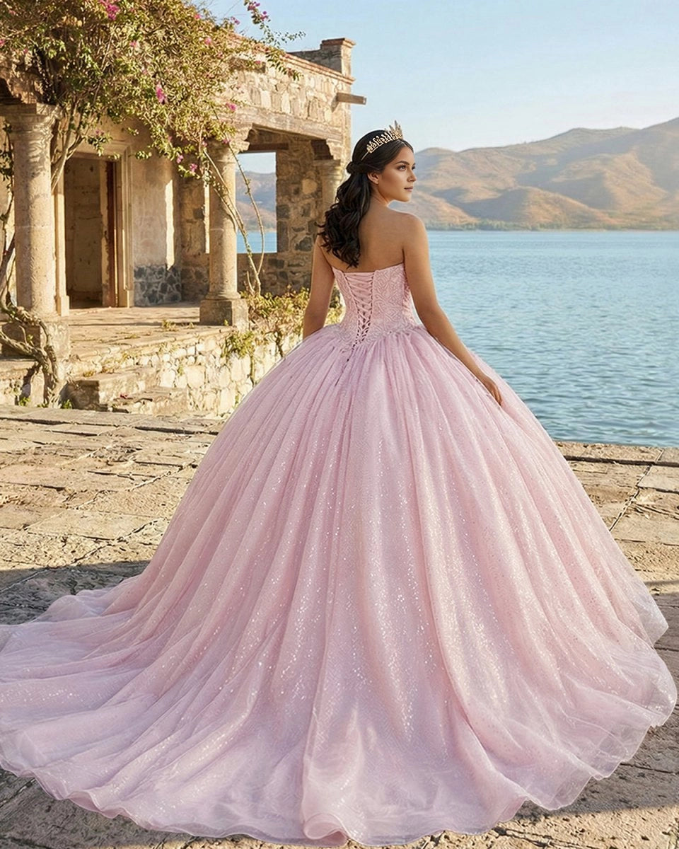 Vedress blush pink quinceañera dress lace-up corset back glitter tulle ballgown back view