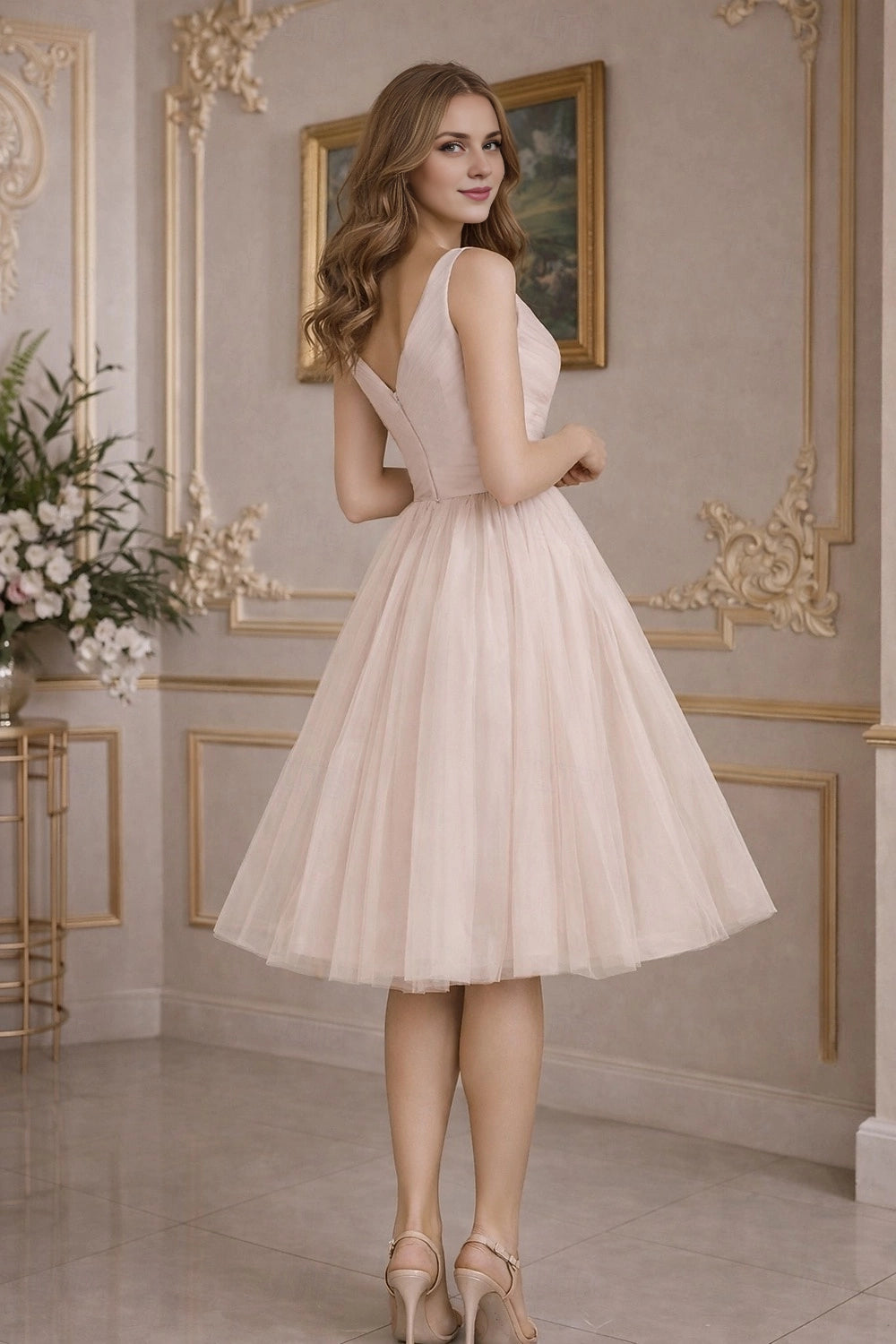 Back view Vedress deep v zip back flowy tulle midi formal prom gown