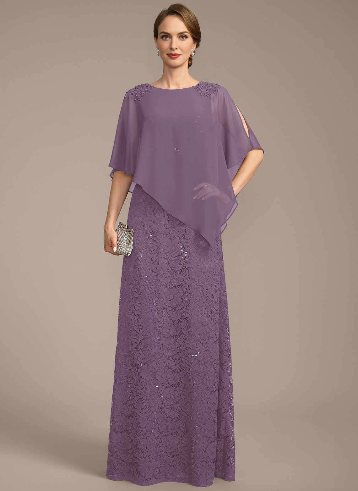 Modest Sheath Bateau Neck Cape Overlay Zipper Back Floor‑Length Mother Of The Bride Dress