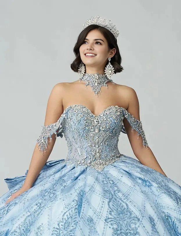 Sparkle Ball Gown Sweetheart Off Shoulder Open Back Train Quinceañera Dress