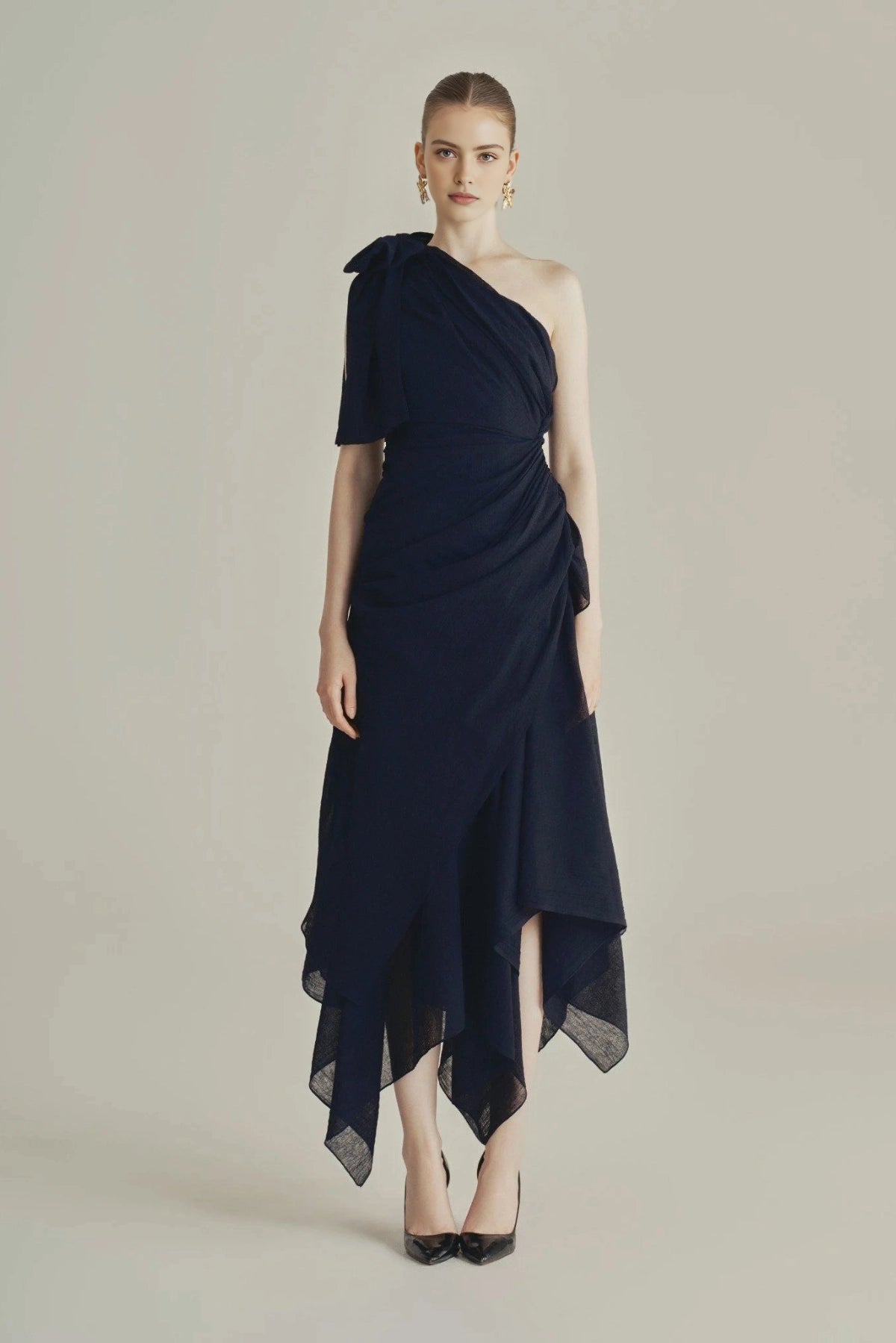 Vedress navy one‑shoulder bow knot asymmetrical handkerchief hem midi prom dress front view