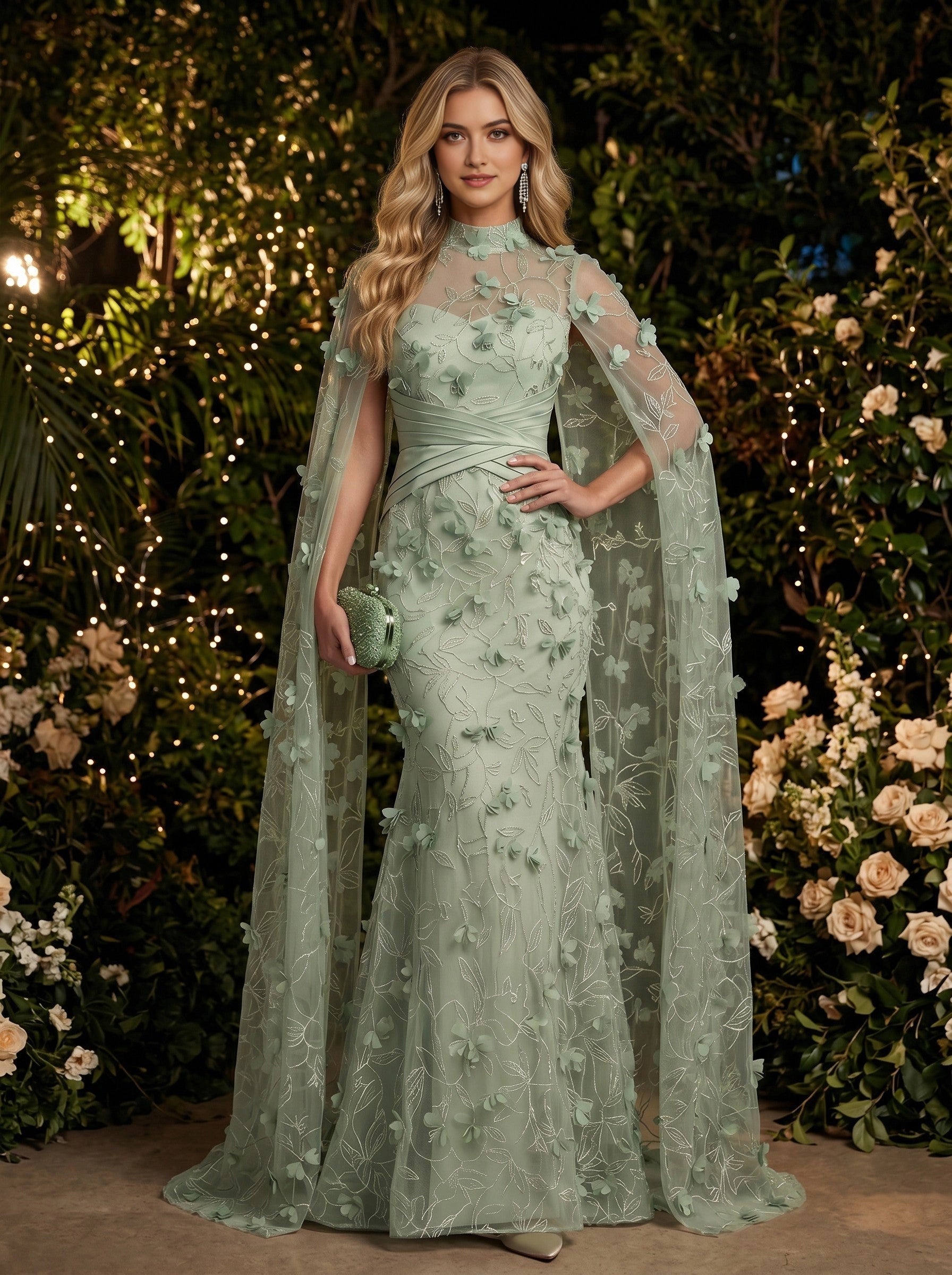 Vedress sage green 3D flower cape‑sleeve mermaid prom dress front  