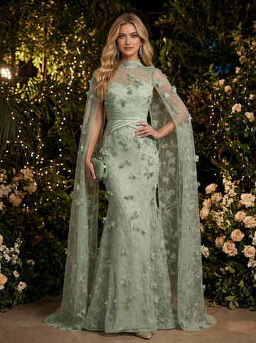Vedress sage green 3D flower cape‑sleeve mermaid prom dress front  