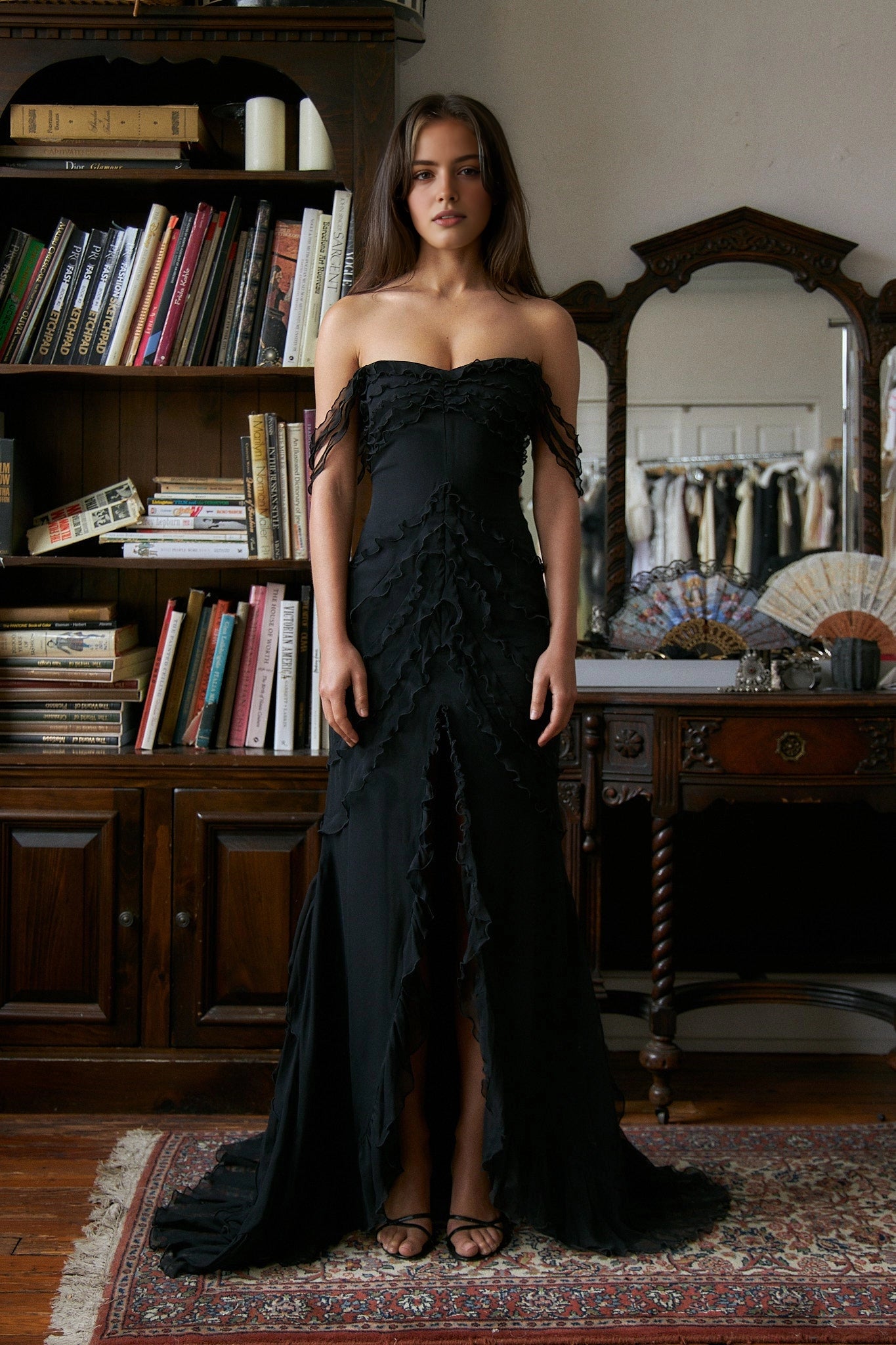 Vedress black chiffon strapless ruffled mermaid prom dress with front slit full‑length front view