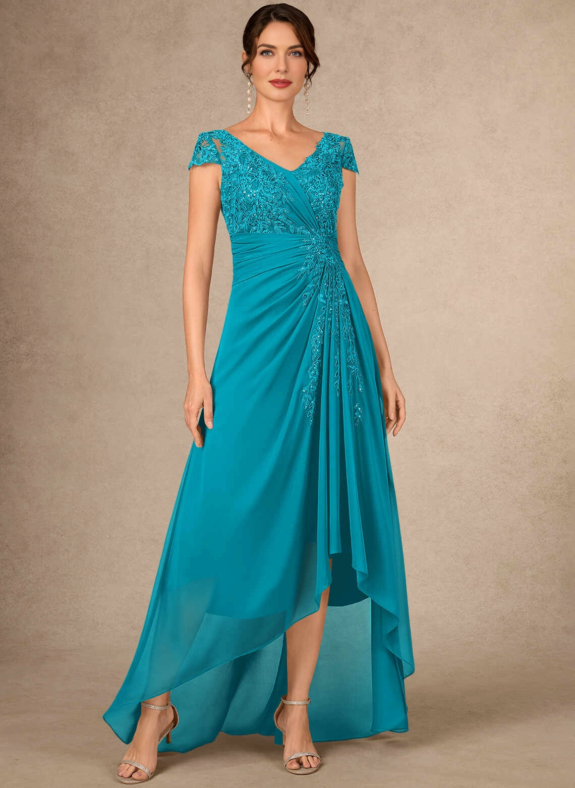 Chic A‑Line V‑Neck Cap Sleeve Ruched High Low Mother Of The Bride Dress