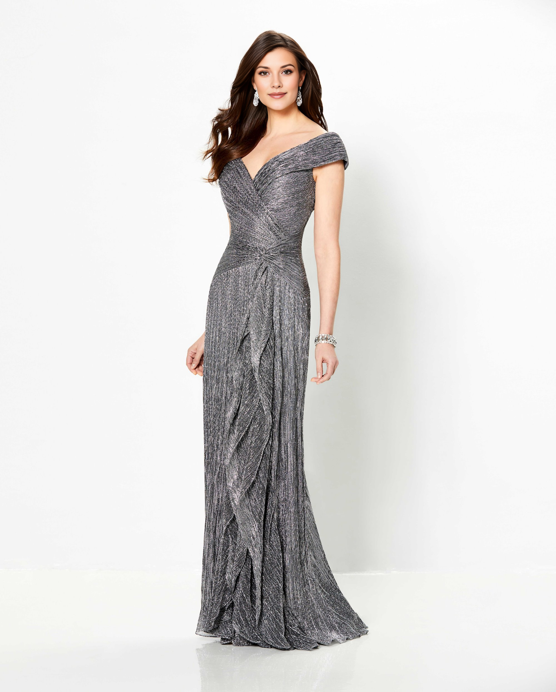 Off-the-Shoulder Metallic Evening Gown - Twist Waist Floor-Length Formal Dress