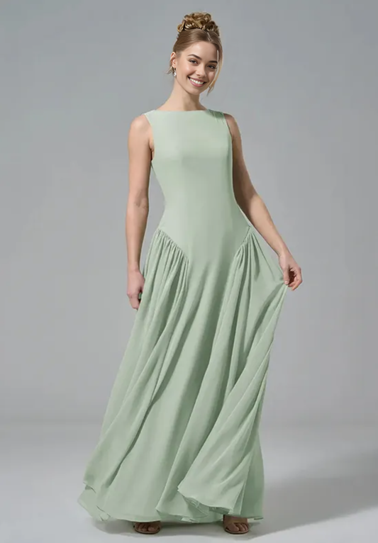 Elegant A-Line Boat Neck Sleeveless Open Back Floor-Length Bridesmaid Dresses Party Wedding Guest Dresses